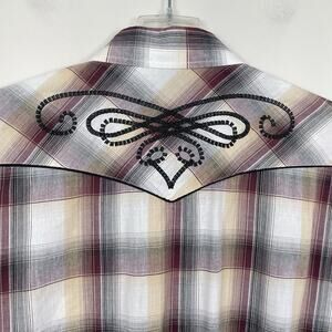 Roper Western Pearl Snap Shirt Men's XL Brown Plaid Embroidered Cowboy Ranchwear